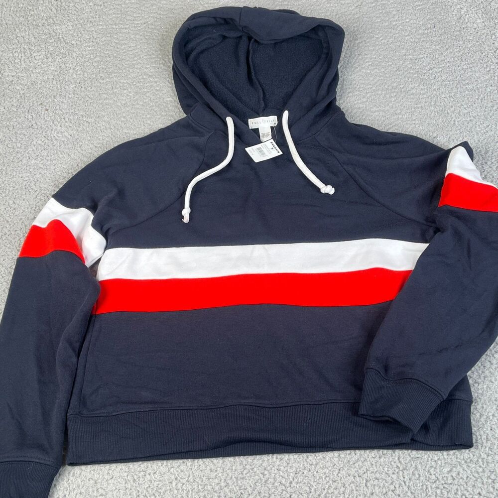 TILLYS Cropped Hoodie Womens M Red White Blue Striped Pullover Full Tilt Sweater
